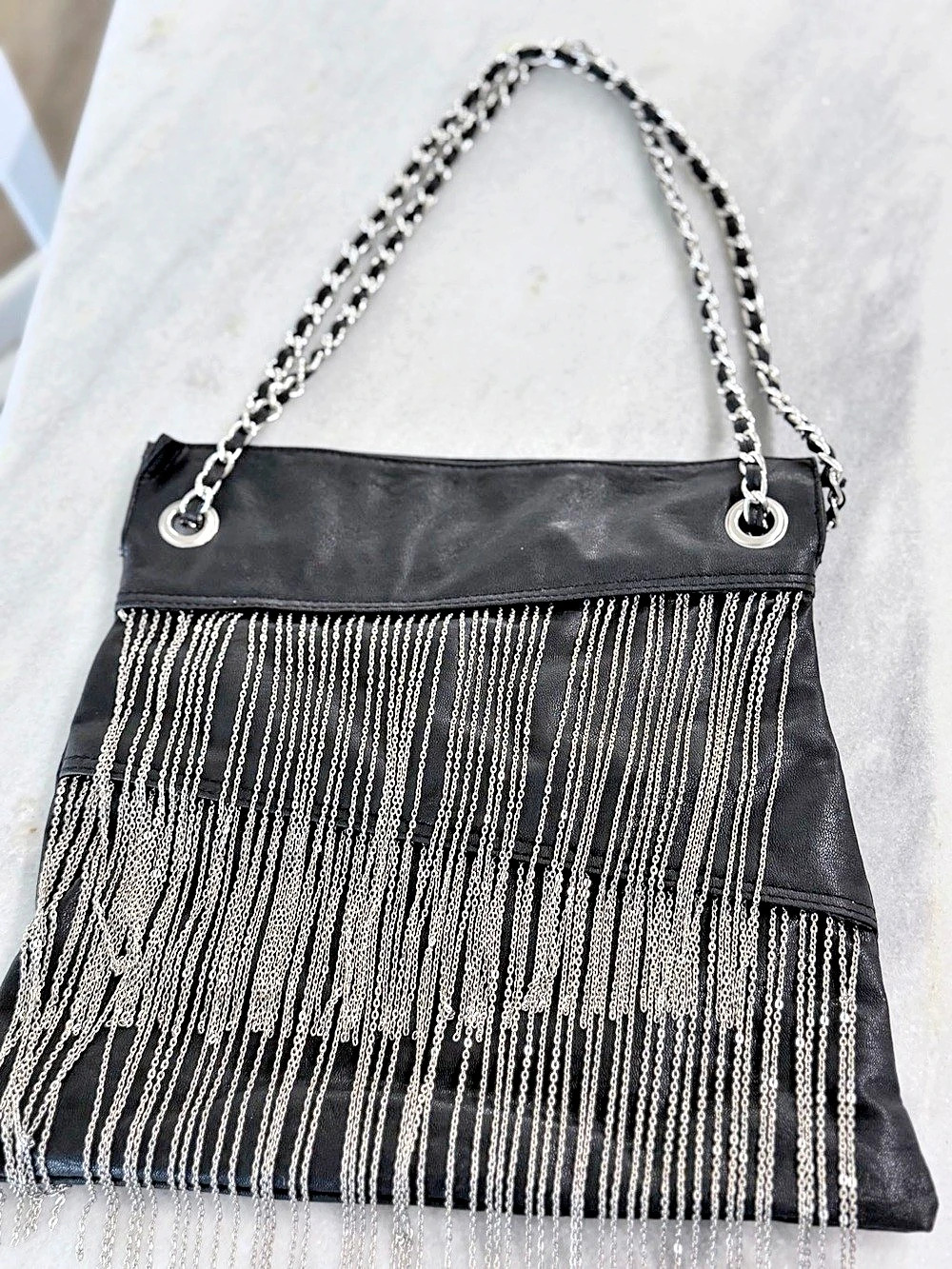 Olivia + Joy Black Silver Chain Fringe Shoulder Bag Y2K Rocker Statement Purse